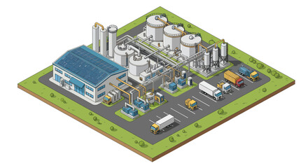 Obraz premium Isometric Industrial Chemical Plant with Storage Tanks and Factory Buildings.