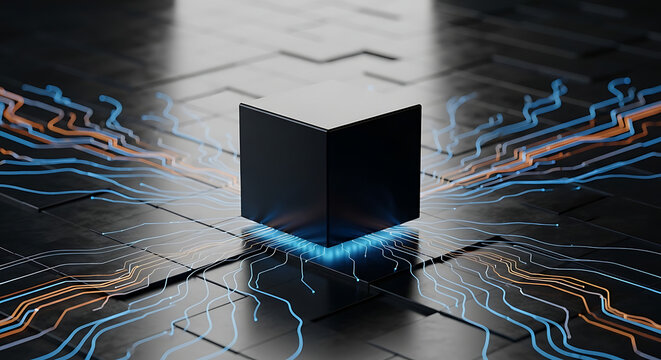 Single black cube resting on a modular dark tile platform symbolizing seamless workflow-native artificial intelligence integration and automated digital processing in a futuristic environment.