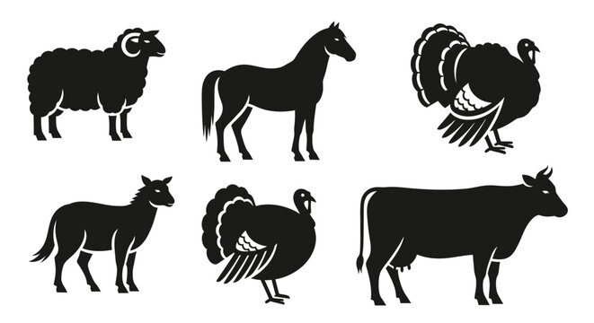 Farm Animals Silhouettes Set: Horse, Cow, Sheep, Donkey, Turkey Icons