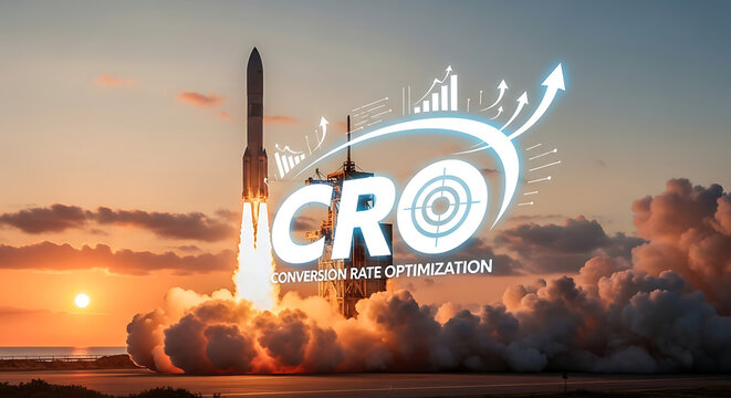 Magnificent space rocket launch blasting into orbit with bold CRO text overlay symbolizing conversion rate optimization growth lift and business performance marketing success for digital sales.