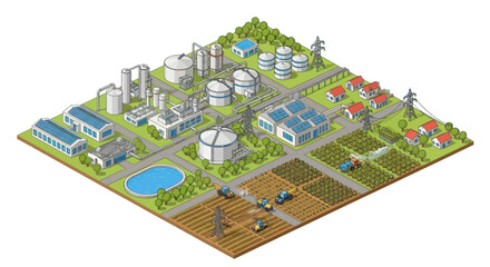 Obraz premium Isometric illustration of a sustainable industrial and agricultural landscape with factories and farms.