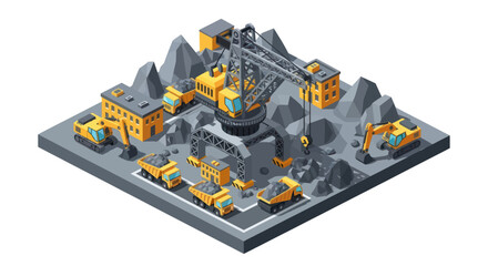 Isometric Mining Site with Heavy Machinery and Industrial Equipment. © Truk