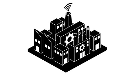 Fototapeta premium Isometric Smart Factory with Wireless Connectivity and Gear Motifs.