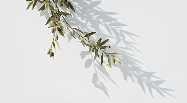 A sprig of olives with its leaves casts a dramatic shadow on a plain white background