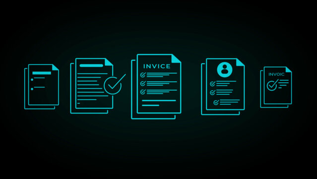 A collection of five stylized document including invoices and personal profiles arranged in a horizontal line against a completely black background with clean white outlines