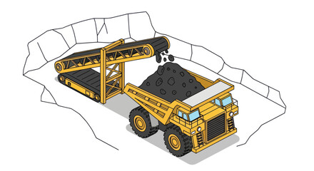 Isometric view of a large mining dump truck being loaded with coal by a conveyor belt system. © Truk