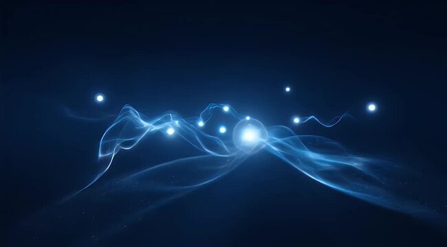 Luminous ethereal light orbs drift through undulating, dark blue, translucent waves
