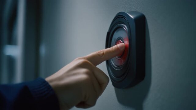 Pressing the Button: A close-up view captures a hand pressing a red button on a sleek, modern device, highlighting interaction and technology.