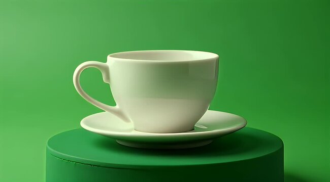 Minimalist white cup and saucer on a textured green pedestal