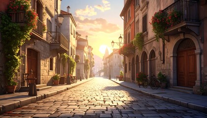 Obraz premium Charming Italian Street Scene at Sunset - A Serene Urban Landscape.