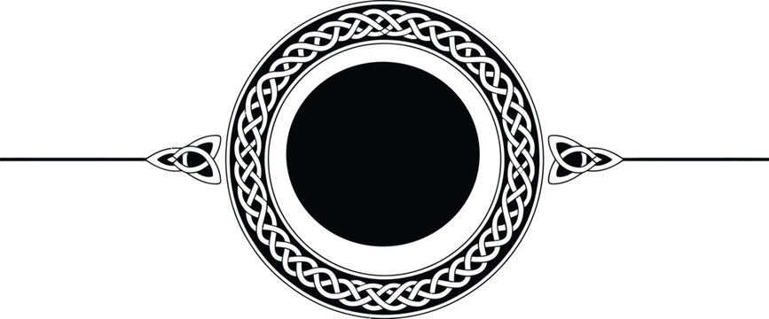 Round knotwork emblem featuring traditional Irish patterns and symmetrical flourishes for ornamental vintage decoration in a clean black vector style.