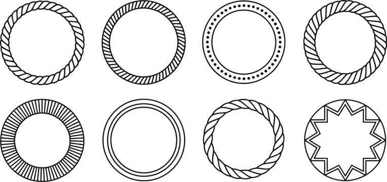 Set of circular geometric borders with rope textures and sunburst patterns for decorative labels and vintage round frame vector designs.