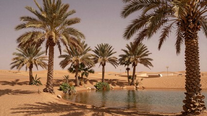 High-resolution desert landscape clear serene pond foreground surrounded sand dunes background there several tall slender palm tre