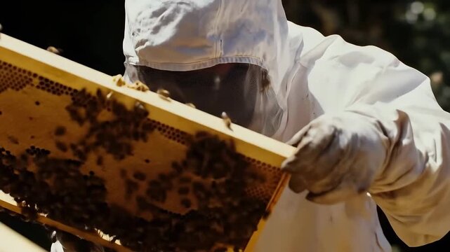 A professional beekeeper in a white protective suit and veil examining a honeycomb frame covered in bees.