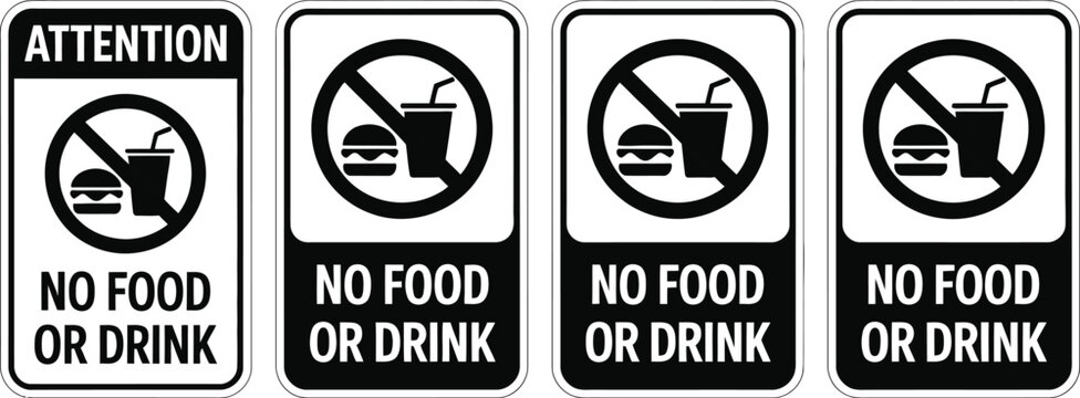 Collection of industrial safety notices stating no food or drink allowed featuring forbidden symbols with fast food icons for restricted.