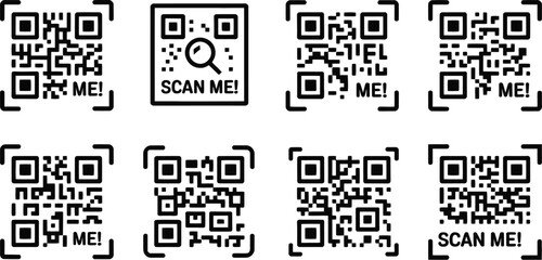 Fototapeta premium QR code icons with scan me text and frame elements for digital marketing and identification.
