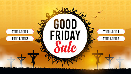 Good friday blessings typography with sunburst background and flying birds, Glowing Cross in Dramatic Sky   Good Friday Banner © Ravi