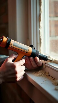 Close up of hands using an orange applicator gun to apply expanding polyurethane foam for window insulation in a house.