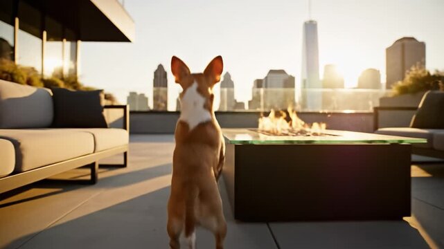 Urban rooftop small dog city skyline sunset light outdoor firepit modern terrace view cozy patio warm evening apartment downtown skyscraper freedom energetic mood playful pet running outside