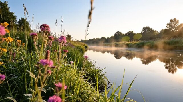 Wildflower river sunrise mist reflection grass summer meadow nature landscape tranquil morning along calm river with golden sunrise light soft mist rising over water and lush grass meadow reflections