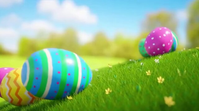 Easter eggs rolling down the grass. Easter eggs slide down the slope covered with green cereal. Sunny positive climate. Beautiful surroundings and cheerful animation. Happy Easter background. Easter e