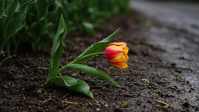 documentary style reviving tulip in rain on muddy ground perfect for spring rebirth and cinematic nature backgrounds