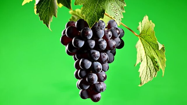 High quality bunch of dark purple grapes on a green vine, isolated green screen background