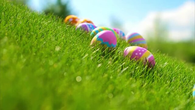Easter eggs rolling down the grass. Easter eggs slide down the slope covered with green cereal. Sunny positive climate. Beautiful surroundings and cheerful animation. Happy Easter background. Easter e