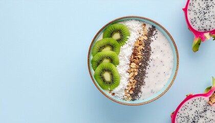 Bowl of fruit and other healthy breakfast ingredients. Ideal for promoting health and wellness, nutrition articles, and recipe books. Vibrant bowl of fresh fruits and breakfast items.