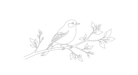 Two Cartoon Small Birds Perched on a Tree Branch with Sparse Leaves, Isolated White Background