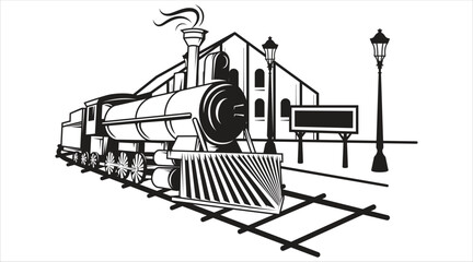 Vintage steam train illustration on tracks, old railway station background © MD ABDUL MOMIN