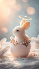 Naklejka premium Easter festival bunny rabbit eggshell flower halo feather in soft pastel light white baby animal sits in cracked egg with spring blossom and bokeh glow for gentle holiday greeting