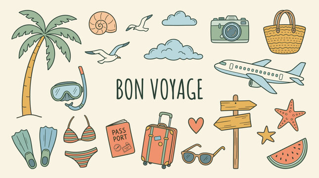 A colorful illustration of travel icons and objects with the phrase Bon Voyage, evoking a sense of adventure and exploration in a whimsical and playful style.