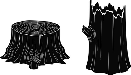 Tree stump silhouette illustration, cut wooden log trunk isolated on white background, deforestation concept, forest timber wood texture graphic © NASRIN