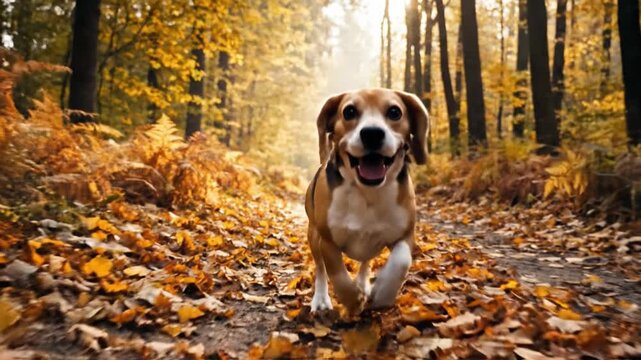 Happy beagle dog running autumn forest path joyful pet puppy canine hound in fall woodland trail with golden leaves foliage leafage nature sunlight rustic countryside adventure scene