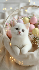 Easter festival kitten cat basket egg pastel spring scene with white fur pet in wicker nest among decorated egg flower and string light for cozy holiday background