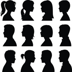 Men and women head profile silhouettes collection, side view human portraits with different hairstyles isolated black vector set for avatar, people illustration © SreemotiLipi