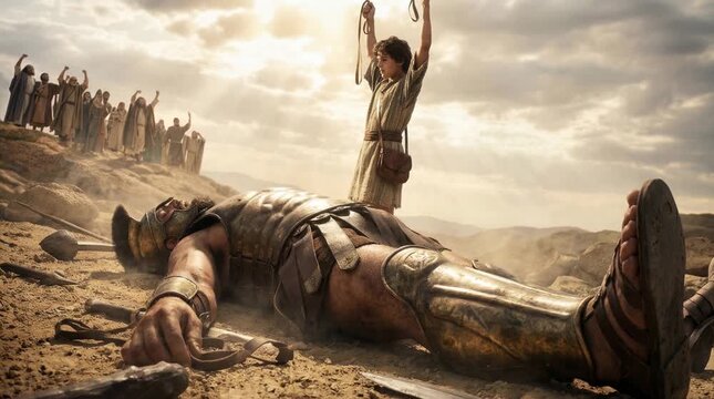 David and Goliath,  David Defeating the Giant Philistine Warrior with a Sling and Stone in the Valley of Elah While Israelite and Philistine Armies Watch