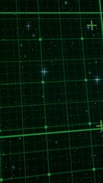 Frame advancing, green grid panning, band moving, plus markers appearing, stars flaring for HUD