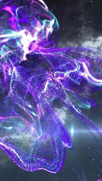 Emerging after pause purple magenta cyan cloud expanding in starfield, pulsing core visible