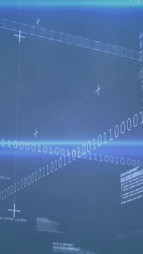 Vertical video: Binary strands sliding across blue tech grid, slow pan forming layered HUD panels