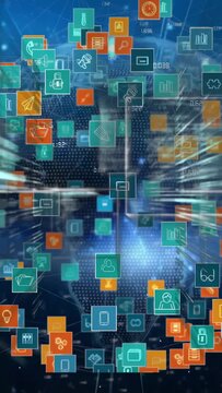 Vertical video: Camera push launching tile cloud into data tunnel, frame sliding, numbers flowing