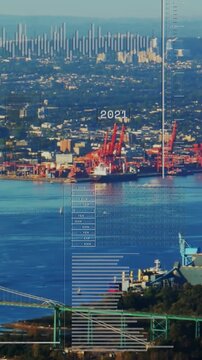 Vertical video: Year label updating, cranes showing graphs updating and bars shifting for shipping