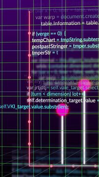 Vertical video: Neon data glyph reading code, white bars rising and pink orbs showing tech metrics