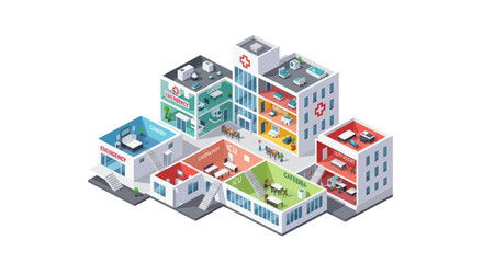 Isometric City Buildings with Various Facilities and Services.