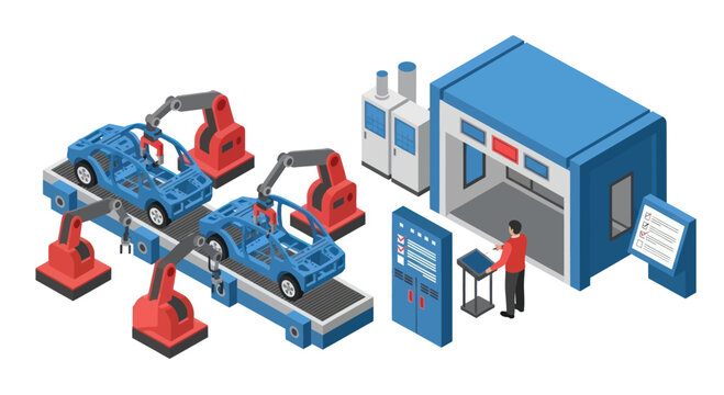 Isometric Car Manufacturing Assembly Line with Robotic Arms and Human Worker.