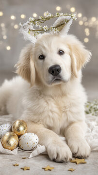 Easter festival puppy dog bunny ear flower egg portrait on soft blanket with glitter egg and star confetti warm bokeh light gentle mood spring celebration