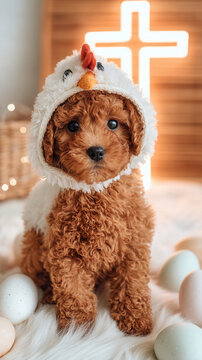 Easter festival puppy poodle costume chicken egg cross portrait in cozy home with glowing light and soft fur rug expressing playful holiday mood