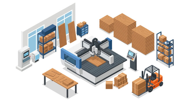 Isometric CNC Woodworking Machine with Forklift and Warehouse Elements.