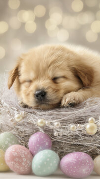 Easter festival puppy sleeping nest egg pastel bokeh small dog resting in straw nest beside painted egg and pearl garland warm holiday background with gentle sparkle